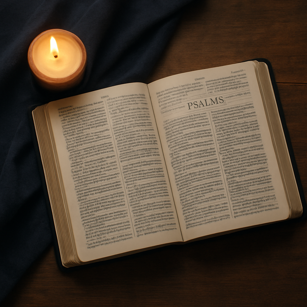 An open Bible lit by candlelight