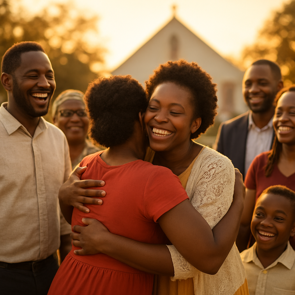 Members of the church community embracing in fellowship