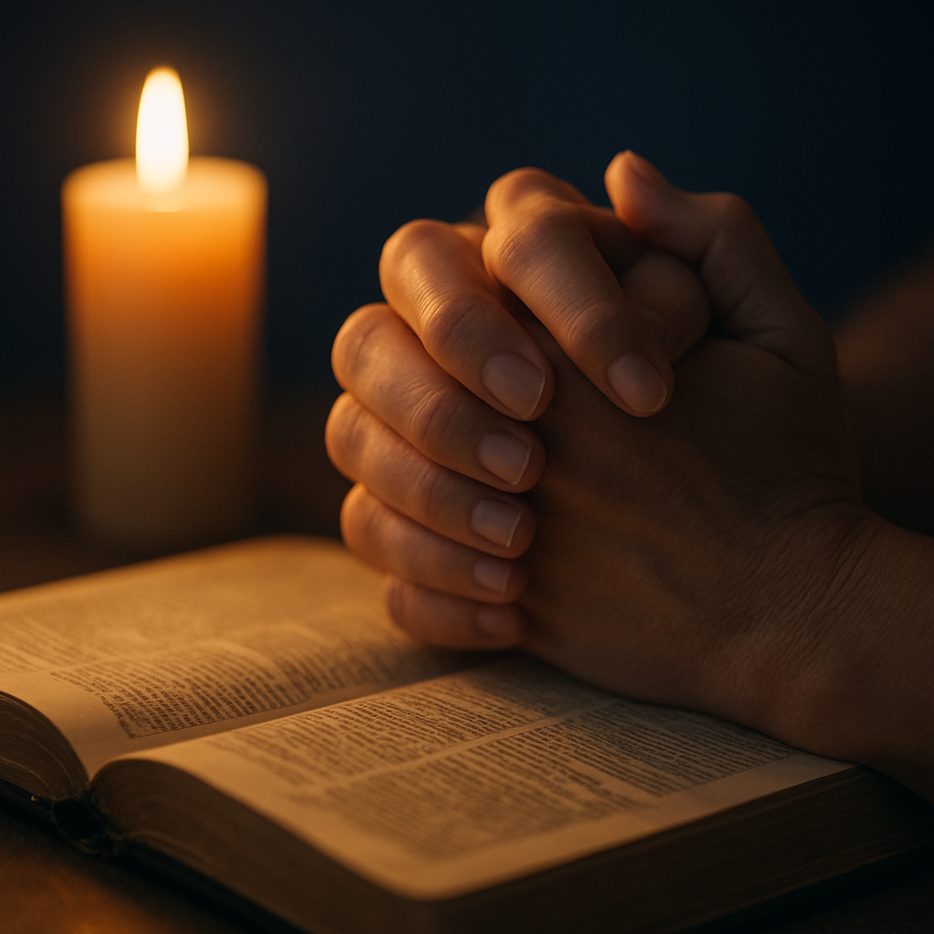 Hands joined in prayer over an open Bible